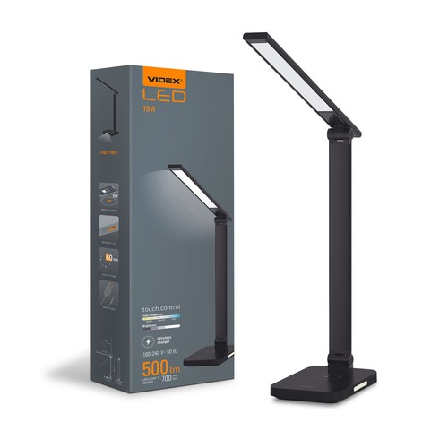 Lampe de bureau LED 18W avec charge sans fil - 700lm, dimmable 5 niveaux, CCT réglable, noir, flicker free