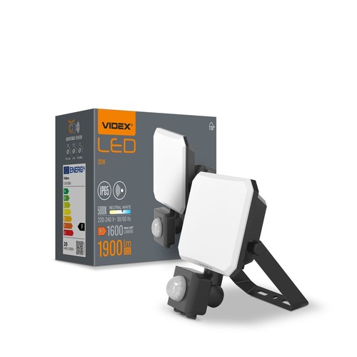 Projecteur LED 20W avec détecteur - IP65, 5000K, noir, extérieur, détecteur de mouvement