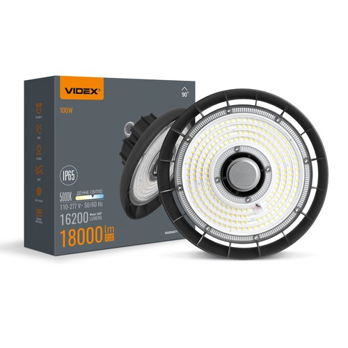 High Bay LED 100W, 180lm/W - IP65, 5000K, 120 degrés, noir, suspension industrielle