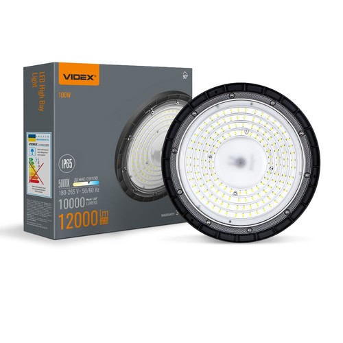 High Bay LED 100W, 120lm/W - 90 degrés, IP65, 5000K, noir, avec suspension par chaîne