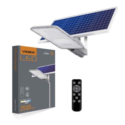 Lampadaire solaire LED - 2500 lumens, avec télécommande, solaire, IP65