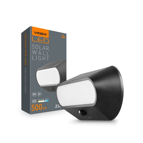 Applique murale LED solaire 500lm avec détecteur - IP54, 5000K, noir, détecteur de mouvement, extérieur