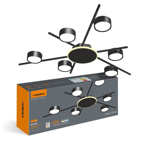Plafonnier 6x GX53 avec backlight, 9W - Noir, 2700K, 830lm, IP20, sans source lumineuse pour douille GX53
