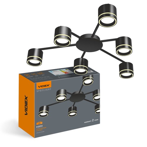 Plafonnier GX53 pour 6 ampoules - Noir, IP20, fer, 180W, intérieur, sans source lumineuse