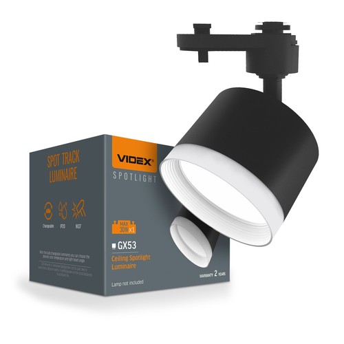 Spot sur rail monophasé GX53 - Anneau blanc, sans source lumineuse, 1F2W, Noir