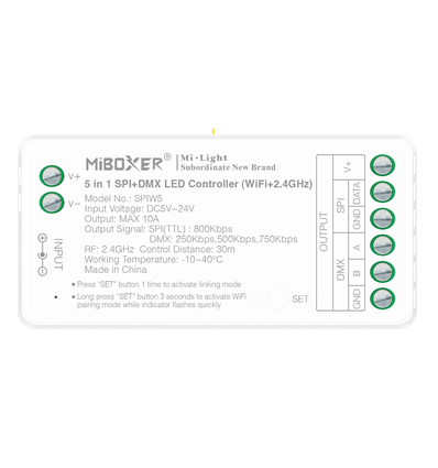 Contrôleur de bande lumineuse 5 en 1 DMX+SPI+WIFI - RF, 12V/24V, RGB+CCT