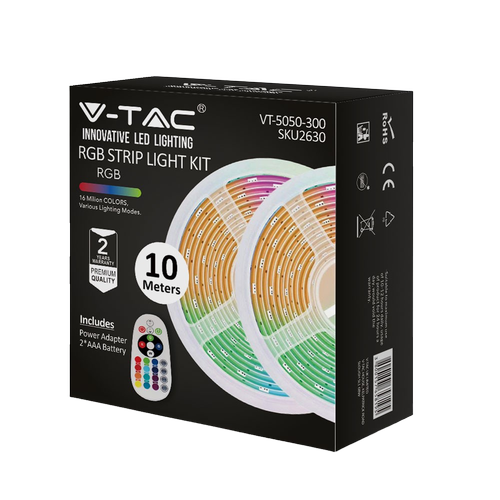 Kit ruban LED RGB 10m 4,8W/m - 12V DC, IP20, télécommande et alimentation incluses (2x5m)