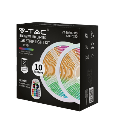 Kit ruban LED RGB 10m 4,8W/m - 12V DC, IP20, télécommande et alimentation incluses (2x5m)