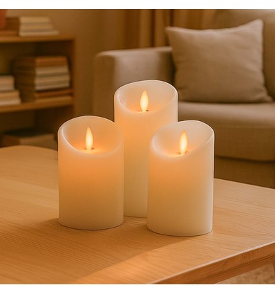 Bougies LED, lot de 3, Ø7,5cm, flamme vacillante, blanc - Avec télécommande et minuterie, 10/13/15cm, cire véritable