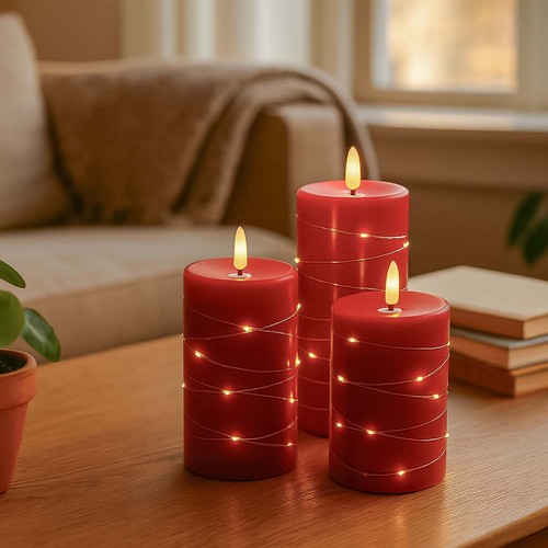 Set 3 bougies LED avec guirlande, effet flamme - Ø7,5cm, 10/12,5/15cm, avec télécommande, minuterie, vraie cire, Rouge