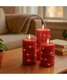 Set 3 bougies LED avec guirlande, effet flamme - Ø7,5cm, 10/12,5/15cm, avec télécommande, minuterie, vraie cire, Rouge