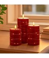 Set 3 bougies LED avec guirlande, effet flamme - Ø7,5cm, 10/12,5/15cm, avec télécommande, minuterie, vraie cire, Rouge
