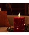 Set 3 bougies LED avec guirlande, effet flamme - Ø7,5cm, 10/12,5/15cm, avec télécommande, minuterie, vraie cire, Rouge
