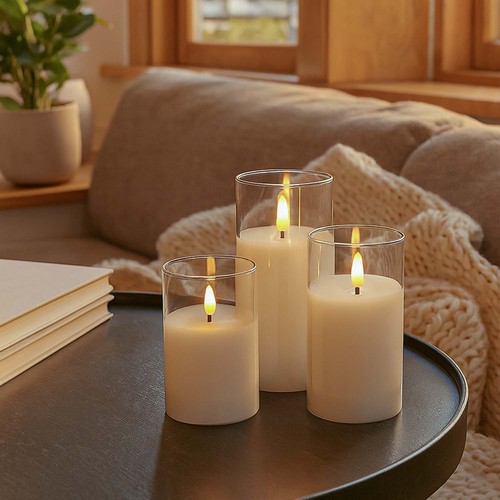 Set de 3 bougies LED sous verre Ø7,5cm, effet flamme - Avec télécommande et minuterie, 10/12,5/15cm de haut, véritable cire