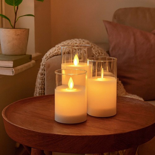 Set de 3 bougies LED sous verre Ø7,5cm, flamme vacillante - Avec télécommande et minuterie, 10/12,5/15cm de haut, véritable cire