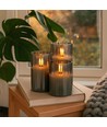 Set de 3 bougies LED sous verre fumé Ø7,5cm, effet flamme - Avec télécommande et minuterie, 10/12,5/15cm de haut, véritable cire