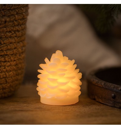 Bougie LED pomme de pin, effet flamme clignotante, blanche - Hauteur 8 cm, Ø6 cm, cire véritable