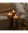 Set de 3 bougies LED aspect bois, aspect fondu, effet flamme - Ø5,5cm, 10/12,5/15cm de haut, avec télécommande, véritable cire