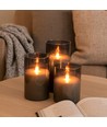 Set de 3 bougies LED sous verre fumé Ø7,5cm, effet flamme - Avec télécommande et minuterie, 10/12,5/15cm de haut, véritable cire