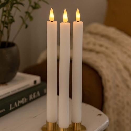 Pack de 3 bougies LED blanches, effet flamme - Ø2,2cm, Hauteur : 24,5cm, bougies de table, avec télécommande, minuterie, pile
