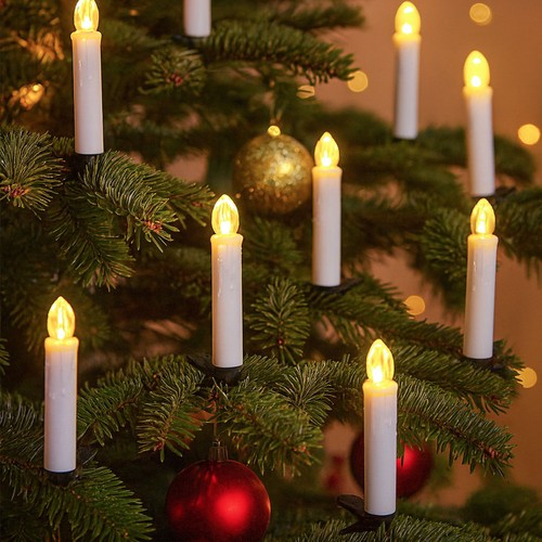 Lot de 10 bougies LED de Noël avec télécommande - Batterie, fonction minuterie, sans fil, support pour sapin de Noël