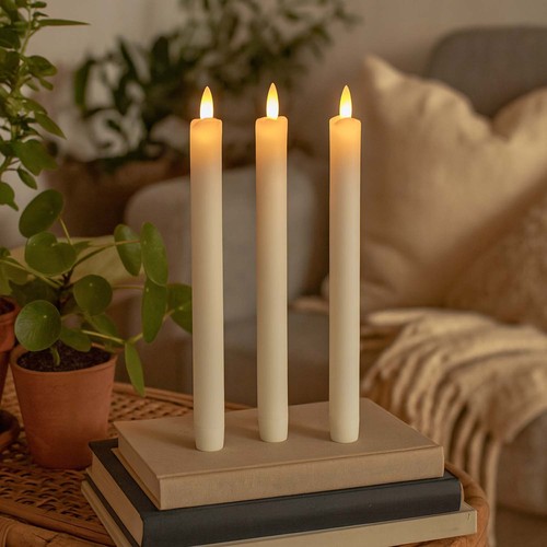Pack de 3 bougies LED blanches, effet flamme - Ø2,2cm, Hauteur : 24,5cm, cierges, avec télécommande, minuterie