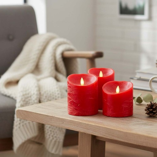 Set de 3 bougies LED Ø10cm, flamme vacillante, rouge - Avec télécommande et minuterie, 10/12,5/15cm de haut, véritable cire