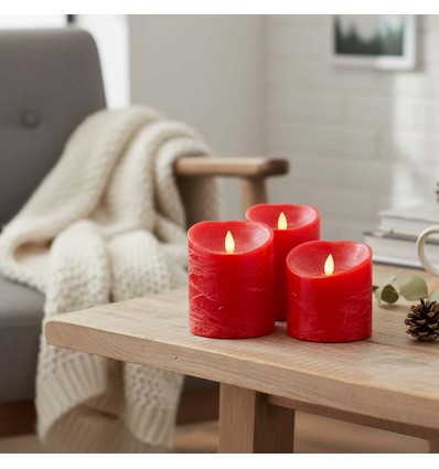 Set de 3 bougies LED Ø10cm, flamme vacillante, rouge - Avec télécommande et minuterie, 10/12,5/15cm de haut, véritable cire
