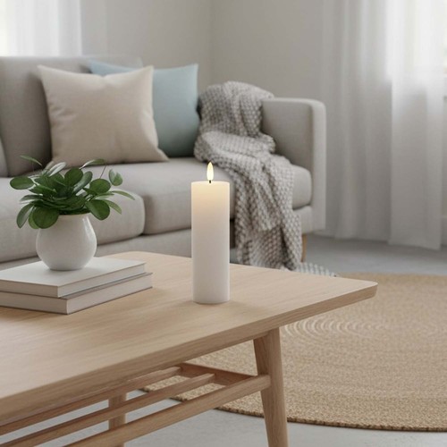 Bougie LED bloc 15 cm de haut, effet flamme, blanc - Ø5 cm, fonctionne avec télécommande, minuterie, cire véritable