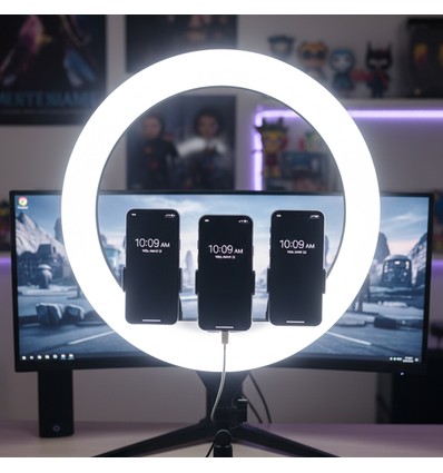 Anneau lumineux LED avec trépied - 55W, Ø44cm, 3 supports pour téléphone, télécommande, 3200K-5800K