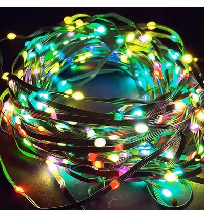 10 m. Guirlande lumineuse LED RGBIC - 100 LED, fil vert, télécommande + Bluetooth, 5V USB