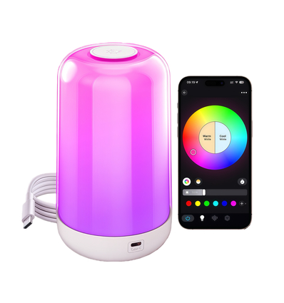 Lampe de table/veilleuse LED RGB+CCT rechargeable - Bluetooth, Blanc, tactile dimmable, IP20 intérieur