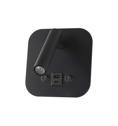 Applique de lit LED 8W avec chargement USB - Noir, 3000K, puce CREE, USB-A et USB-C