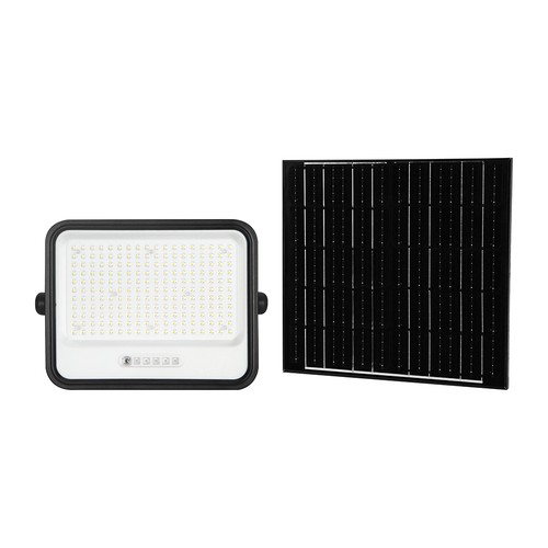Projecteur LED Solaire 400W, 7-en-1 CCT - IP65, noir, batterie LiFePO4, avec panneau solaire et indicateur de batterie