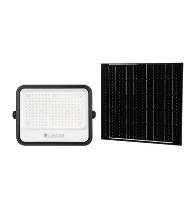Projecteur LED Solaire 400W, 7-en-1 CCT - IP65, noir, batterie LiFePO4, avec panneau solaire et indicateur de batterie