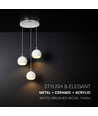 Suspension LED design 3x10W - 3600lm, 3000K, nickel brossé, finition blanche