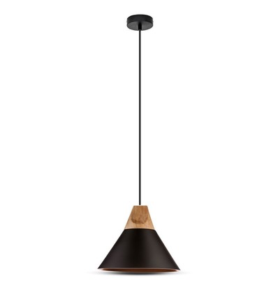 Suspension Ø26cm en aluminium avec finition bois - Douille E27, max 60W, noir, sans source lumineuse