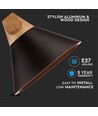 Suspension Ø26cm en aluminium avec finition bois - Douille E27, max 60W, noir, sans source lumineuse