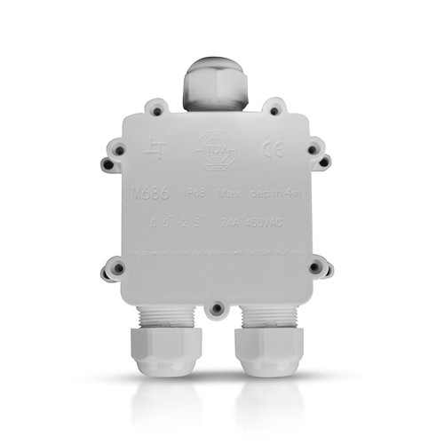Boîte de dérivation étanche 3 voies, blanc - IP68, 450V, 24A, résistant aux UV, extérieur