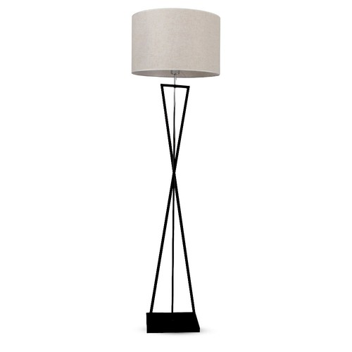 Lampe sur pied design E27 - abat-jour rond couleur ivoire, pied en métal noir
