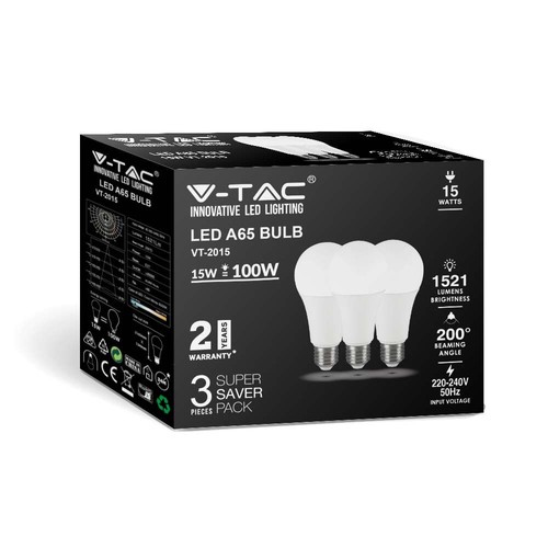 A65 VT-2015 LED 15W E27 - ampoule en plastique, 6500K, 200°, 3 pcs/paquet