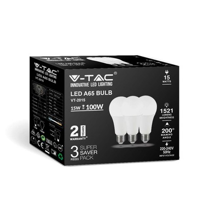 A65 VT-2015 LED 15W E27 - ampoule en plastique, 6500K, 200°, 3 pcs/paquet