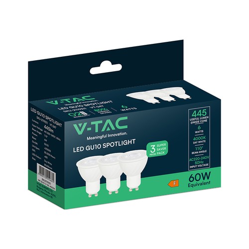 Lot de 3 ampoules LED V-Tac 6W GU10 - 445lm, 110 degrés, 4000K