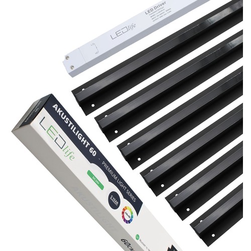 Ensemble de rails LED Troldtekt noir 6x60 cm - Encastré, Akustilight avec câbles et driver inclus