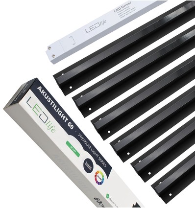 Ensemble de rails LED Troldtekt noir 6x60 cm - Encastré, Akustilight avec câbles et driver inclus