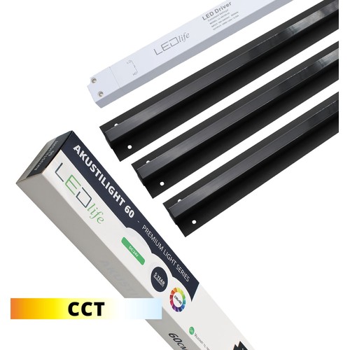 Ensemble de rails LED CCT Troldtekt Noir 3x60 cm - Encastré, Akustilight incl. câbles et driver