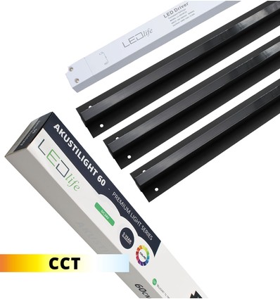 Ensemble de rails LED CCT Troldtekt Noir 3x60 cm - Encastré, Akustilight incl. câbles et driver