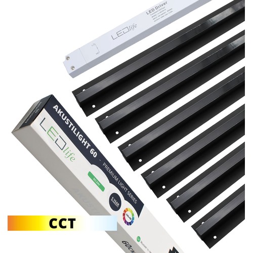 Ensemble de rails LED CCT Troldtekt Noir 6x60 cm - Encastré, Akustilight incluant câbles et driver