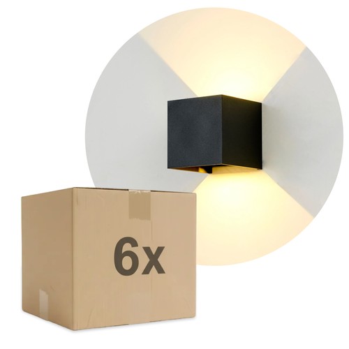 Lot de 6 appliques 6W CUBIC PRO - IP65, noir, repiquable, ajustable, carré, haut/bas, intérieur/extérieur, source incluse