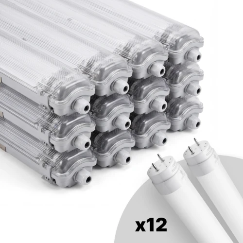 Pack 12 Réglettes LED T8 Limea - Incl. 24 tubes LED 24W 150cm, IP65 étanche